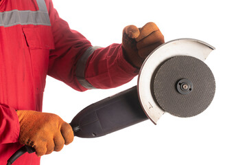 Worker is using angle grinder, hand tool. Angle grinder in hands, isolated on white background