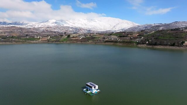 Israel Hermon mountain covered with snow and Ram lake