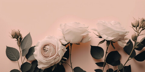 Wide Empty Pink Background with Pink and White Roses for Presentation Background