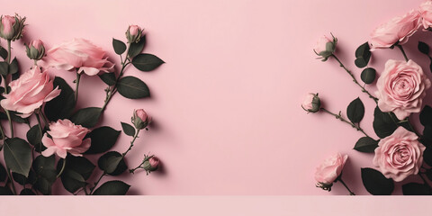 Wide Empty Pink Background with Small Pink Roses Flowers Background Presentation