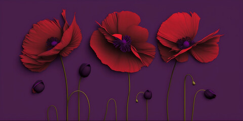 Wide Empty Purple Background Red Poppies Layout Design for Social Media Banners and Posters