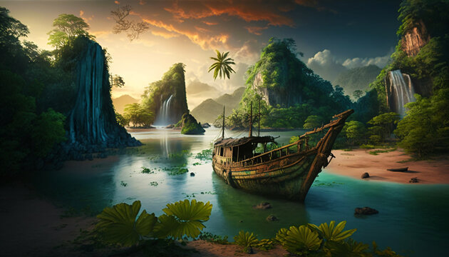 old fishing boats in a tropical landscape, fictional landscape created with generative ai