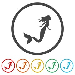 Mermaid Logo, Silhouette of a beautiful mermaid icons in color circle buttons