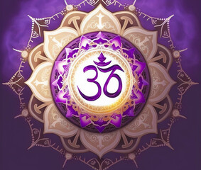 mandala with om symbol in the center on a background decorated in purple and gold. meditation, zen image for relaxation, feng shui created with Generative AI technology