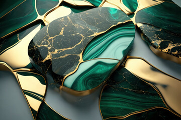 marble background of emerald green color with gold trim or gold threads, decorative background for elegance and luxury design created with Generative AI technology - obrazy, fototapety, plakaty