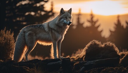 Wolf in the wild during golden hour. Wildlife. Generative AI.