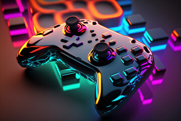 video game console controller with neon colors and led lights, gamer, video game player, leisure and digital entertainment created with Generative AI technology - obrazy, fototapety, plakaty