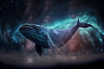 Obraz na płótnie Canvas Beautiful heavenly whale at universe full of stars on black background. Digitally generated AI image