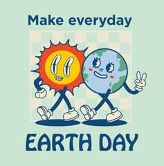 Happy Earth Day retro card with slogan. Vintage nostalgia cartoon planet mascot character with smiling face. Globe with peace hand gesture. Environment friendly recycle concept.