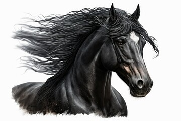 Portrait of a black stallion in motion, showcasing his flowing mane, against a white background. Generative AI