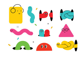 Cute cartoon geometric figures with different face emotions, funny poster idea for kids. Colorful characters with textures, trendy vector illustrations, basic various figures