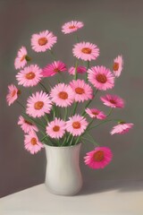Pink daisies in a vase, strawberries on the table - generative ai