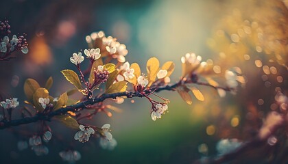 beautiful flowering and colorful tree branch, branch with signs of spring. bokeh spring background with blurred background. generative ai