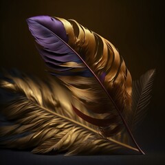 beautiful bird feather in vibrant gold color, generative ai