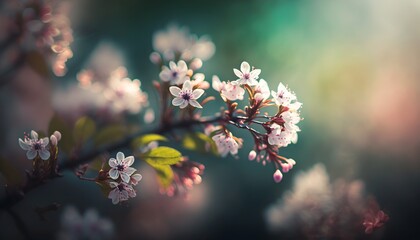 beautiful flowering and colorful tree branch, branch with signs of spring. bokeh spring background with blurred background. generative ai