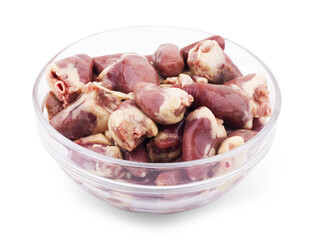 Raw chicken hearts on the plate ready for cooking with rosemary and spices on a white wooden background