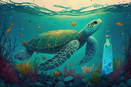 Plastic bottles litter the ocean floor where a sea turtle swims. The idea of ocean pollution. Generative AI