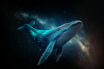 Fototapeta Beautiful heavenly whale at universe full of stars on black background. 
Digitally generated AI image obraz