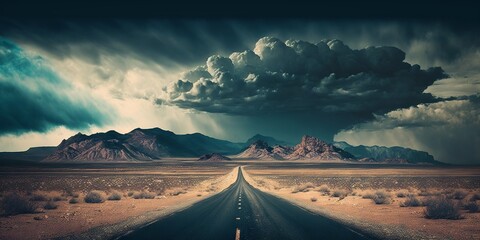 Road in the desert with stormy clouds. Generative AI - obrazy, fototapety, plakaty
