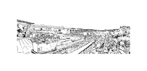 Building view with landmark of Porto Cervo is the 
comune in Italy. Hand drawn sketch illustration in vector.