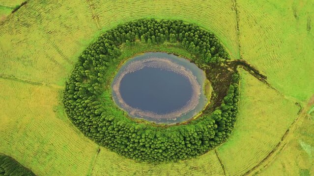 Aerial view of Lagoa Pau Pique on Terceira Island. Azores archipelagos, Portugal.