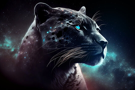 Beautiful heavenly panther at universe full of stars on black background. 
Digitally generated AI image