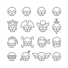 Skull related icons: thin vector icon set, black and white kit
