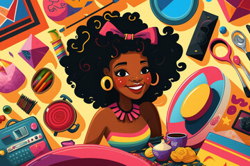 A beautifull happy woman full of objects behind her in cartoon style