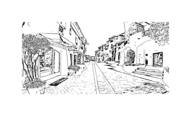 Building view with landmark of Porto Cervo is the 
comune in Italy. Hand drawn sketch illustration in vector.