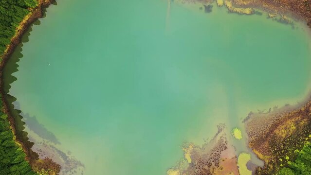 Aerial view of Lagoa Pau Pique on Terceira Island. Azores archipelagos, Portugal.