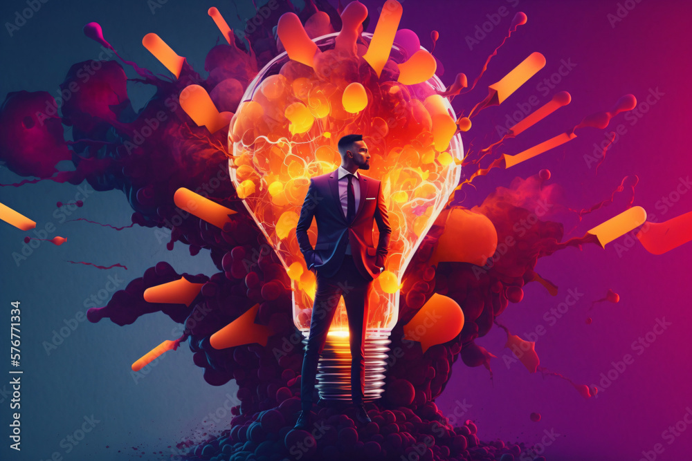 Canvas Prints bright idea and creative thinking, visualization of brainstorming, a colorful glowing idea bulb lamp