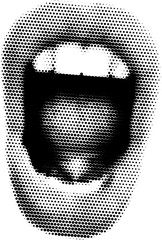 Retro halftone collage elements for mixed media design. Opened mouth in scream in halftone texture, dotted pop art style. Vector illustration of vintage grunge punk crazy art templates. - obrazy, fototapety, plakaty