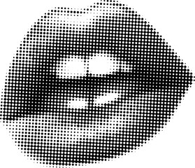 Retro halftone collage elements for mixed media design. Beautiful lips in halftone texture, dotted pop art style. Vector illustration of vintage grunge punk crazy art templates.