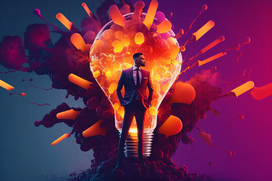 bright idea and creative thinking, visualization of brainstorming, a colorful glowing 3d idea bulb lamp, successful modern businessman, fictional person created with generative ai