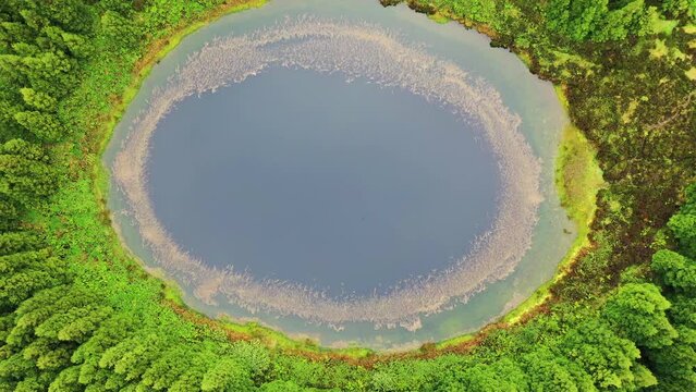 Aerial view of Lagoa Pau Pique on Terceira Island. Azores archipelagos, Portugal.