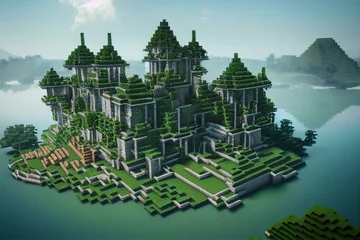 Gordijnen Jungle's castle on the lake. Minecraft. Generative AI © Jonatan