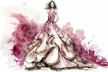 Young woman wearing a long evening dress made of rose flowers. Watercolor illustration of fashion and clothes. Spring concept. Generative AI © All Creative Lines