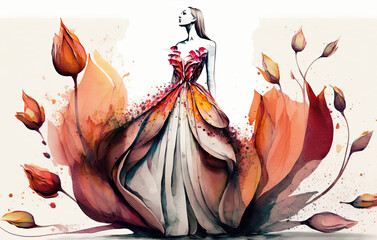 Young woman wearing a long evening dress made of tulip flowers. Watercolor illustration of fashion and clothes. Spring concept. Generative AI