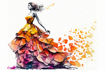 Young woman wearing a long evening dress made of flowers. Watercolor illustration of fashion and clothes. Spring concept. Generative AI © All Creative Lines