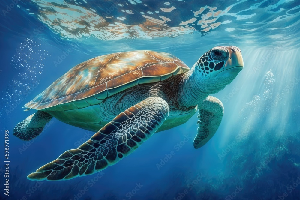 Sticker the endangered sea turtle (chelonia mydas) navigates the deep blue sea. in the shallows, you can go 