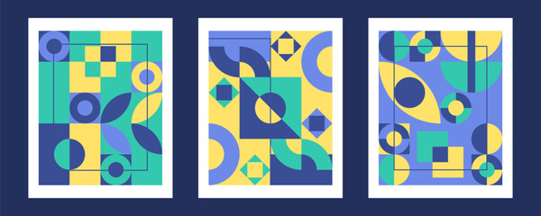Abstract geometric posters set in neo geo style. Modern futuristic bauhaus grid flyer. Simple shapes vintage wall art minimal pattern. Vivid banner template. Vector illustration.