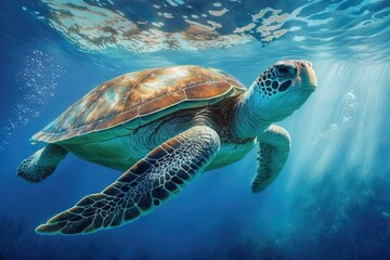 Fototapeta premium The endangered sea turtle (chelonia mydas) navigates the deep blue sea. In the shallows, you can go snorkeling with sea turtles. Tortoise underwater photos in the deep blue sea. Scene from under the w