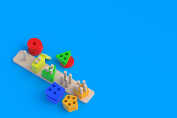 Logic toy for kids. Preschool development of the child. Montessori material. Thinking process. Cognitive skills. Copy space. 3d render
