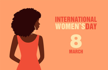 Beautiful black woman with curly hair in red dress looking over her shoulder. International Women's Day. Flat vector illustration