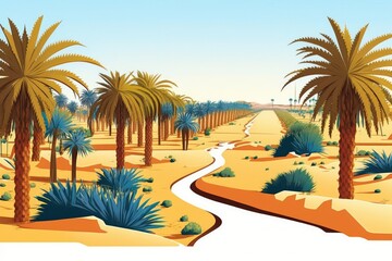 Panorama of a Middle Eastern date palm grove, depicting the region's sophisticated farming techniques in the region's arid climate. Generative AI