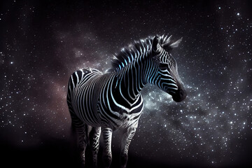 Fototapeta na wymiar Aesthetic heavenly zebra at universe full of stars on black background. Digitally generated AI image