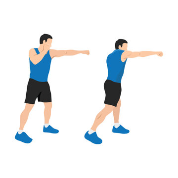 Sporty man during boxing exercise making direct hit.