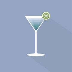 Blue drink glass, blue lagoon cocktail, simplified vector illustration in flat and vintage style