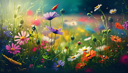 Obraz na płótnie Canvas A Great, Majestic, Beautiful, Colorful Banner made of Flower Meadow in Spring Time, Outdoor. Generative AI