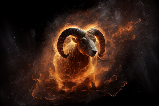 Aries from fire on black background. Digitally generated AI image